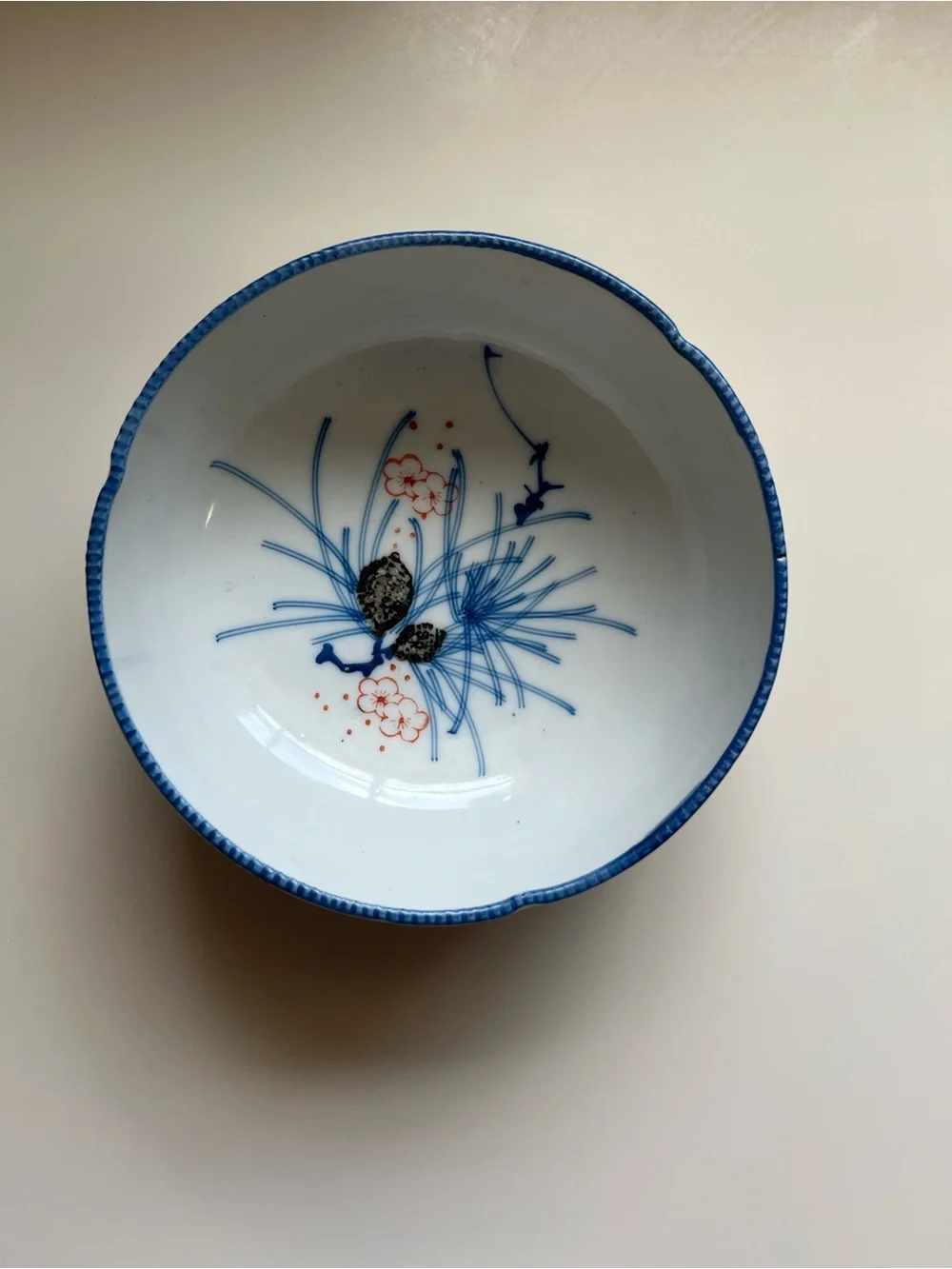 Vintage Japanese Blue and White Decorative Porcelain Bowl with Floral Motif